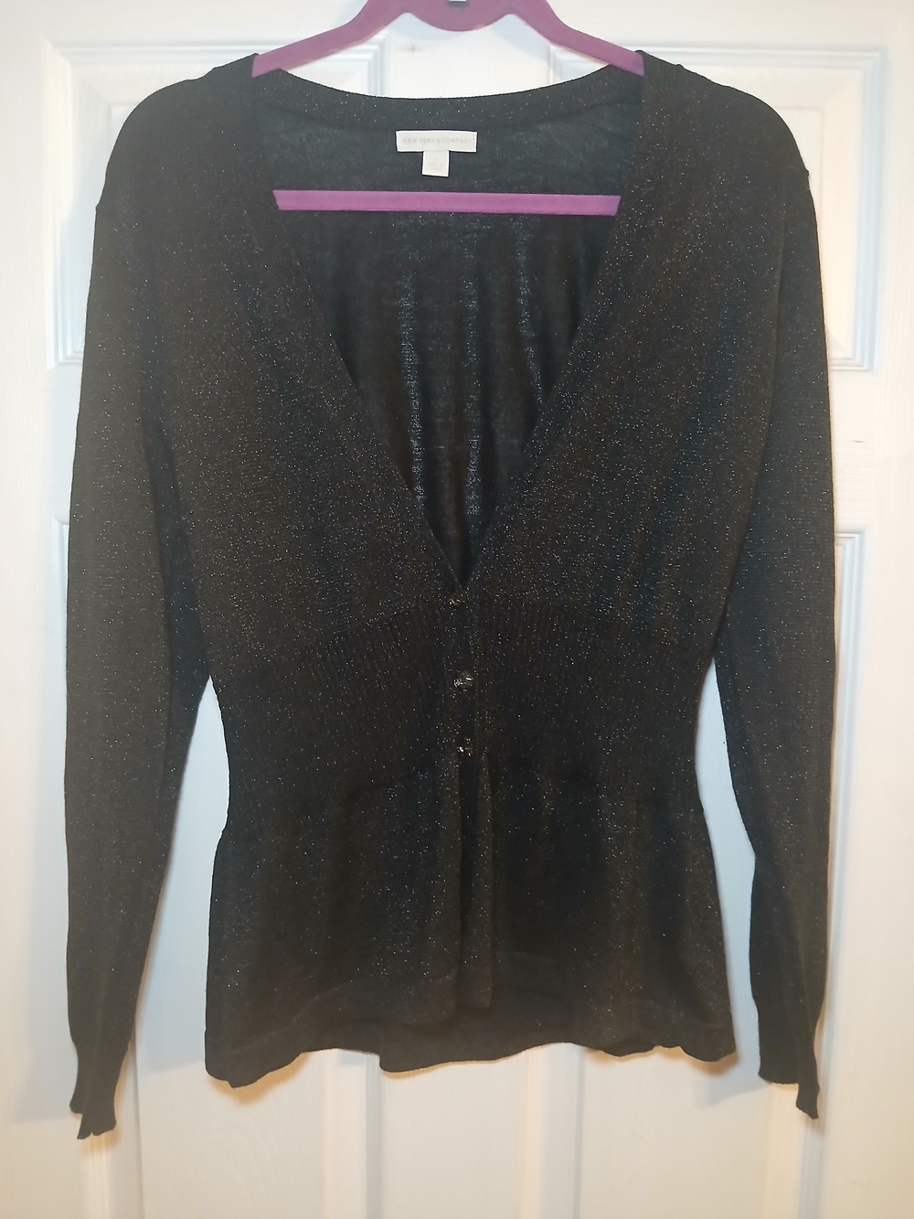 New York & Company Black Metallic V-Neck Cardigan